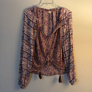 Billabong Womens Tan Pink Purple Floral Paisley Tie Fornt Shirt Top Small